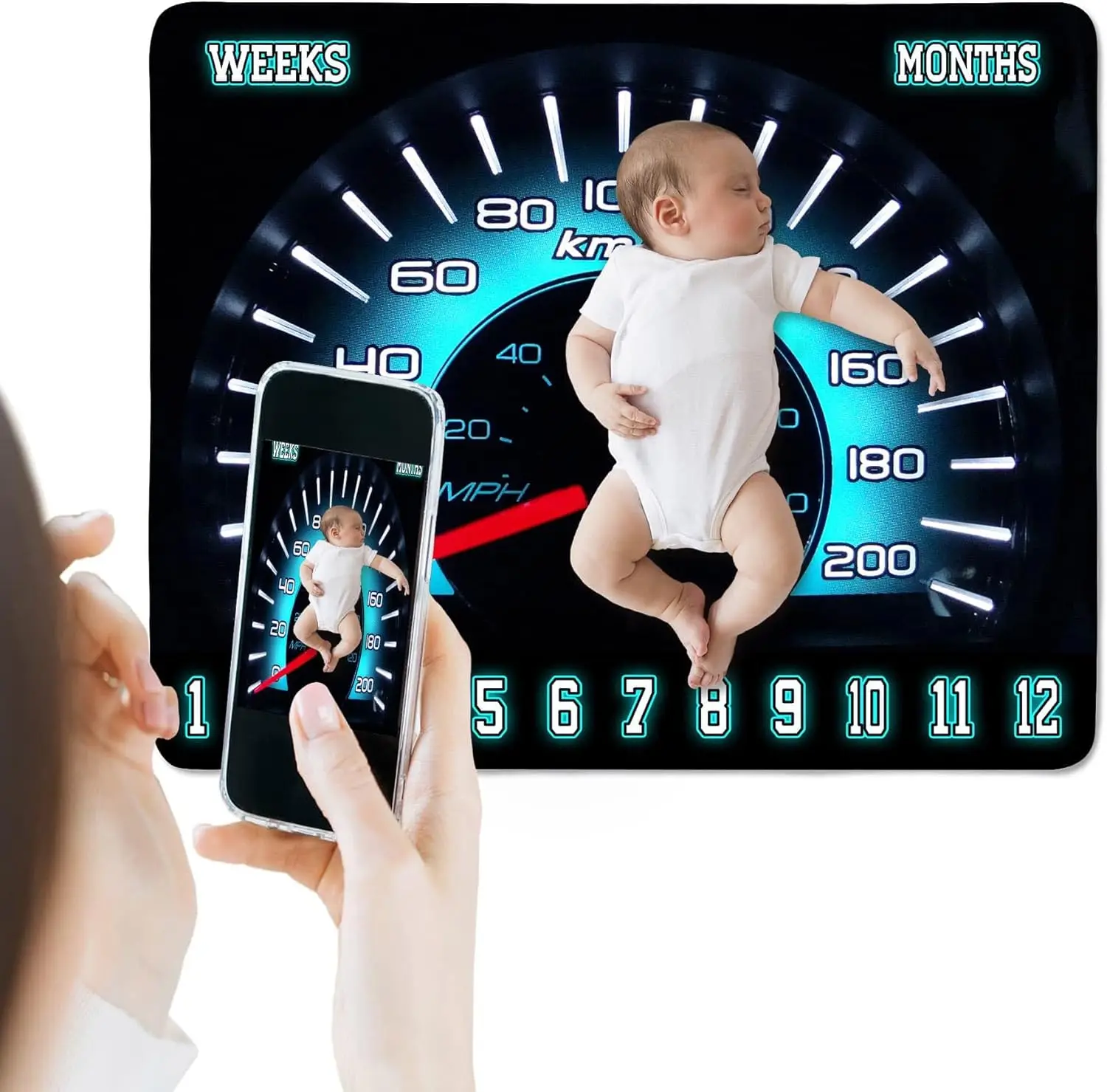 Manta Mensual de Hitos para Bebé VIKAMA Racing - Accesorios de Fotografía Estilo Deportivo con Velocímetro de Rally, Manta de Crecimiento para Bautizo de Bebé