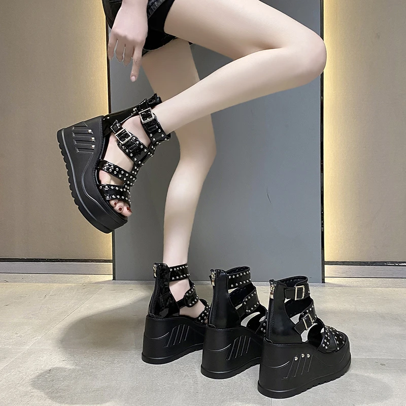 2022 Women Wedges Sandals High Heels Gothic Punk Summer Platform Shoes Woman Comfort Strappy Zip Buckle Fashion Casual