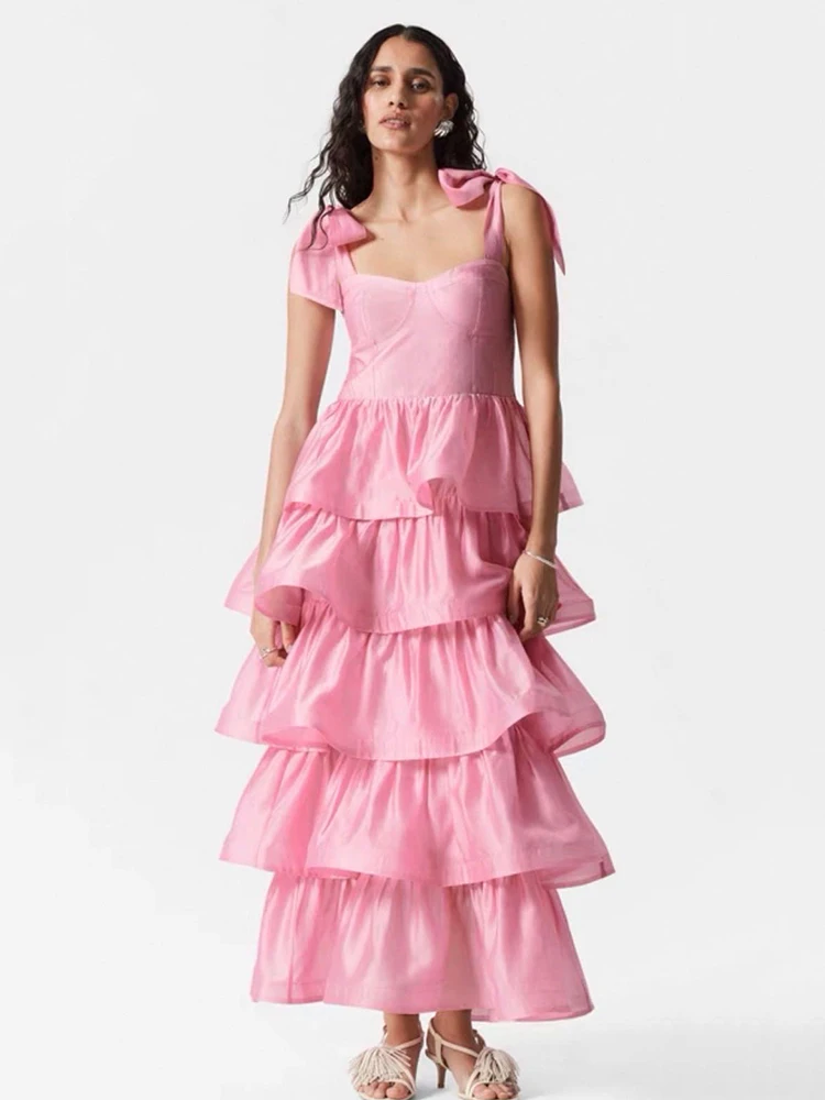

Sexy off-the-shoulder adjustable bow halter strapless dress, fashionable high-waisted multi-layered ruffled loose puffy dress