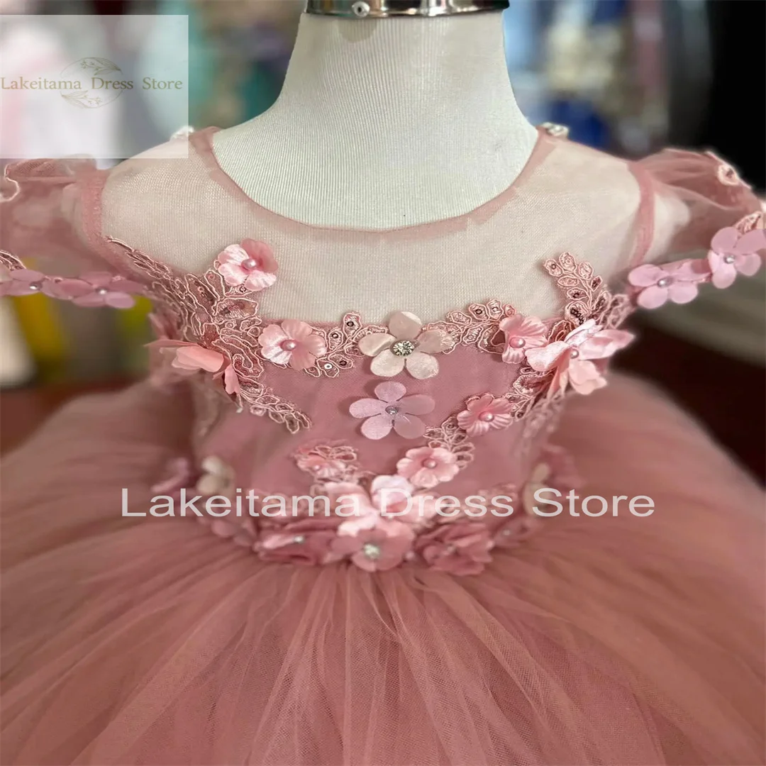 3d Applique Pink Flower Girl Dress For Wedding Puffy Tulle Floor Length Birthday Party Dress Pageant Toddler Baby Prom Gowns