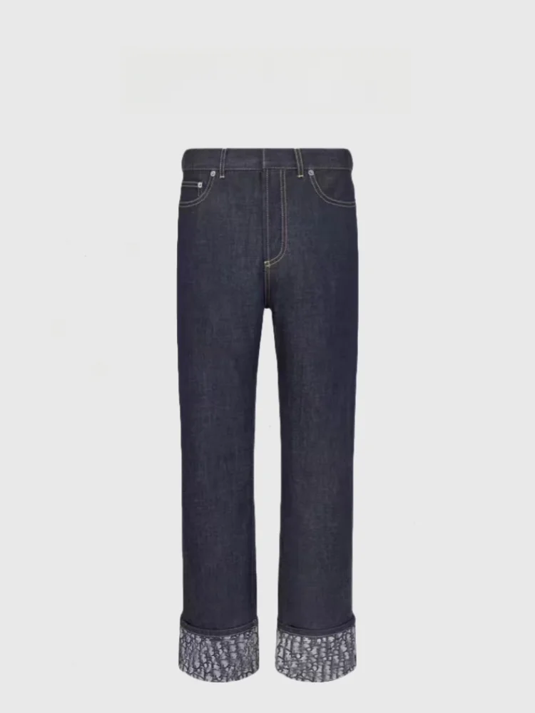 

Прямые джинсы с высокой талией, темно-синие джинсы с манжетами и принтом, женские повседневные джинсы премиум-класса, осенний сезон Faion