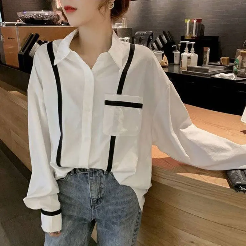 Women's Summer Thin Fashion Simplicity Striped Polo Collar Long Sleeve Shirts Women Clothes Casual All-match Temperament Tops