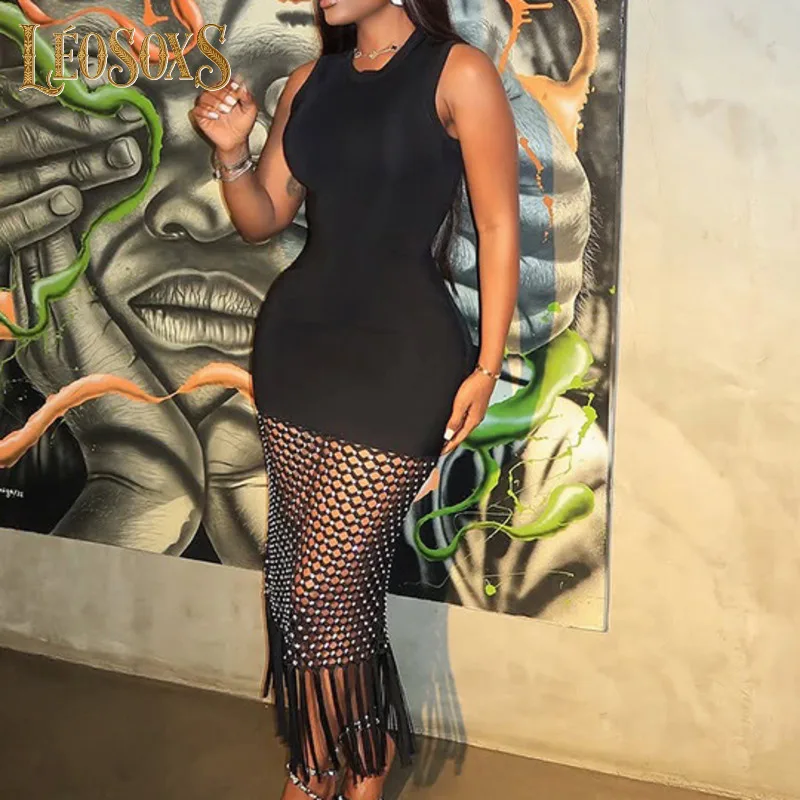 

LEOSOXS 2025 Autumn New Black Evening Dress Women Sleeveless Bodycon Mesh Tassel High Quality Clubwear Prom Party Gown Hot Sell