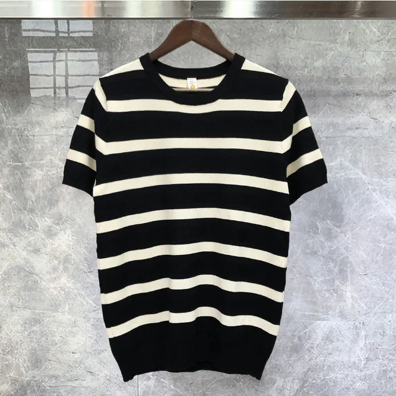 

Summer High Quality Short Sleeved Men's Knitwear Contrasting Stripes Crew Neck Slim Tshirt Bottomed Camisa Hombre Mannen Kleding