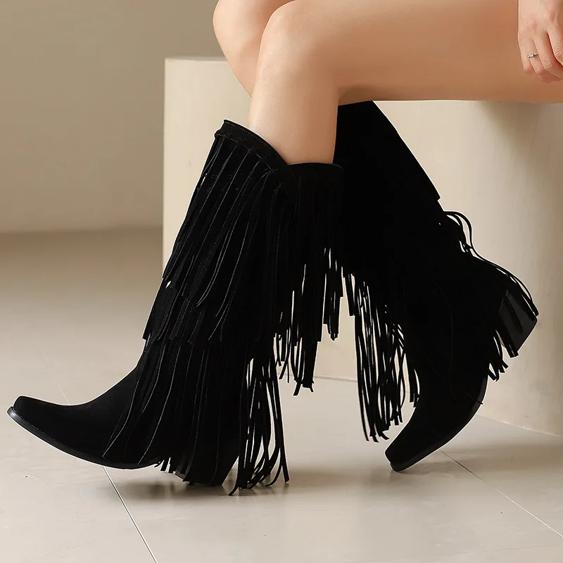 Bohemia Women Shoes Retro Suede Platform Cowboy Boots for Woman Fashion Square Head High Heel Boot Designer Shoes Botas Feminina