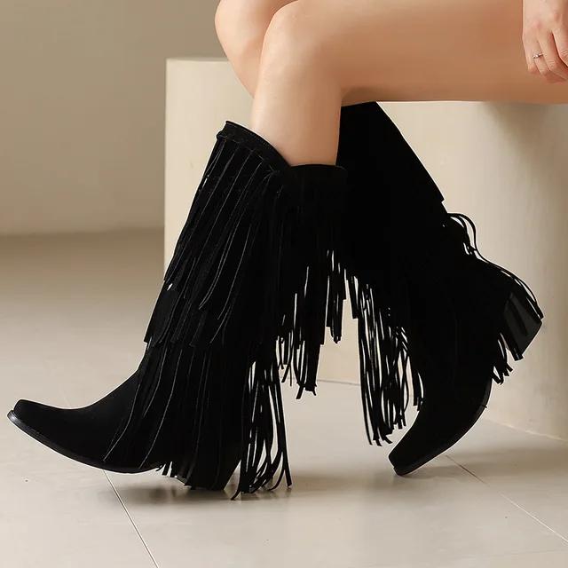 Zapatos Bohemia para Mujer, Botas Vaqueras Retro de Plataforma con Tacón Alto y Punta Cuadrada, Botas de Diseñador, Botas Femininas