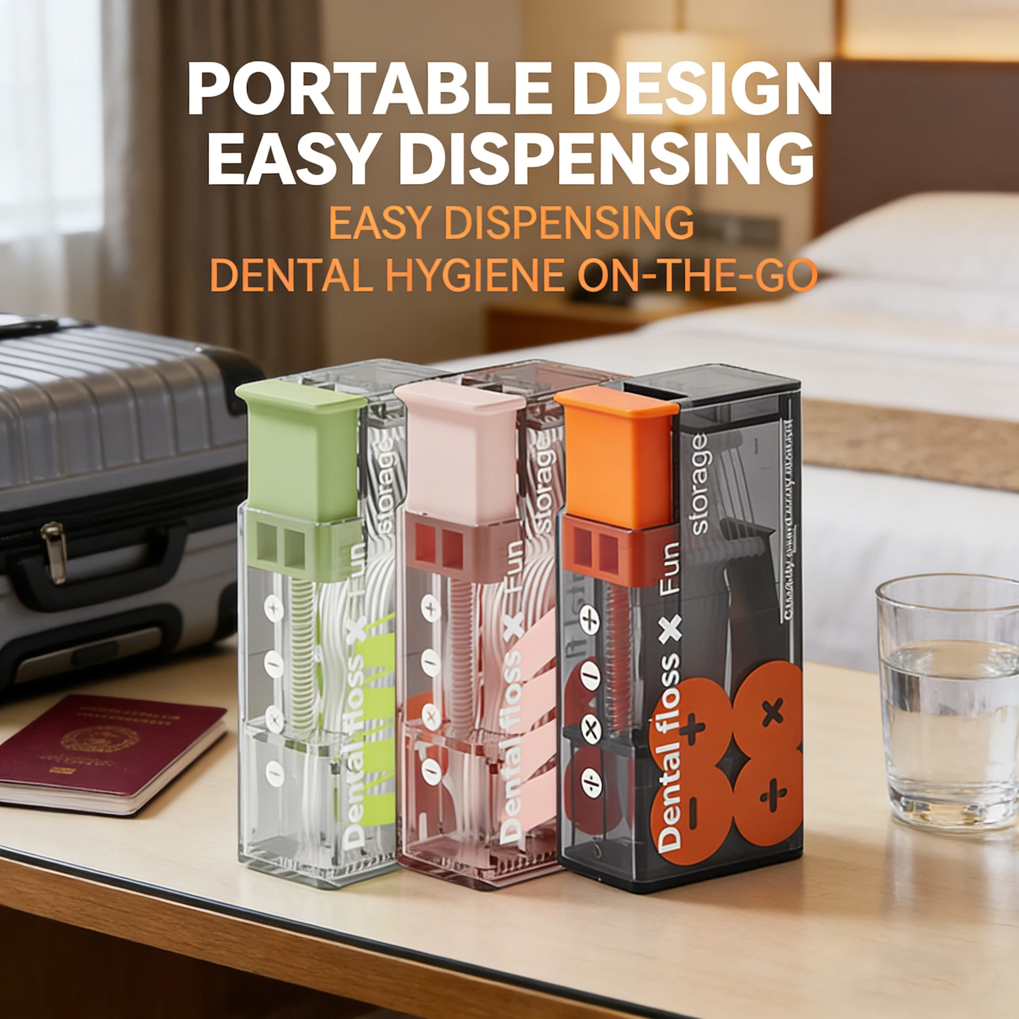 3PCSAutomatic Pop-Up Dental Floss Pick Holders with 30 Floss Sticks, Orange/Pink/Green Portable Travel Floss Dispensers,  Office
