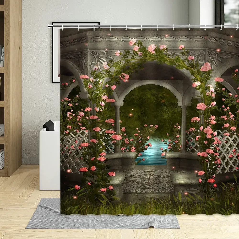 3D Natural Scenery Shower Curtain European Arch Bridge green Plant Flower Garden Design Bathroom Decorations Curtains Polyester