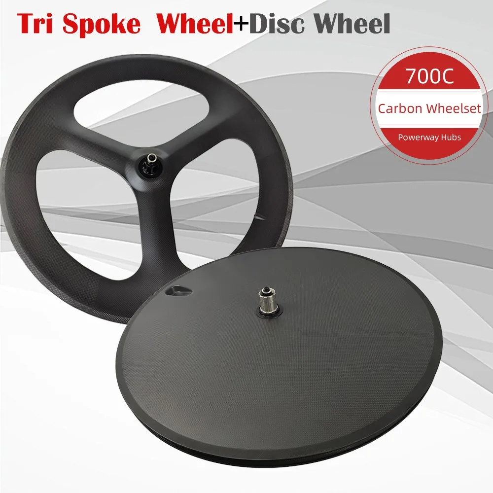 

700c Carbon Road Wheels Fornt Tri Spoke Wheel Rear Disc Wheel Clincher Fixed Gear Tri Spoke Wheels Disc Wheel Cycling TracK