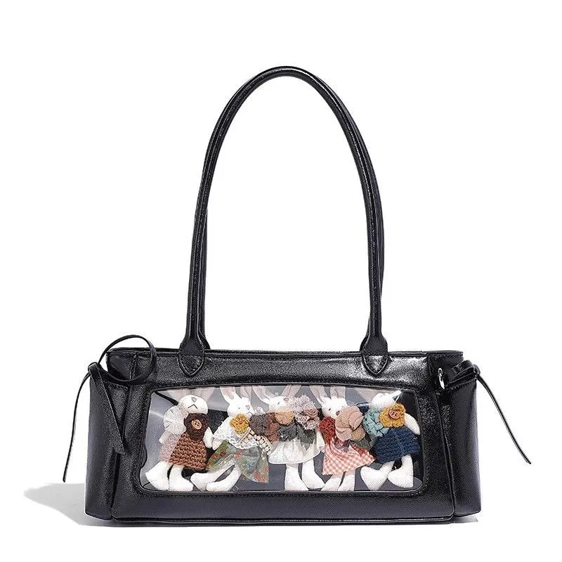 النمط الياباني الأسود Ita حقيبة يد المرأة الجديدة Harajuku حقائب كتف جلدية شفافة السيدات أنيمي Itabag حقيبة تحت الإبط Y2K #6