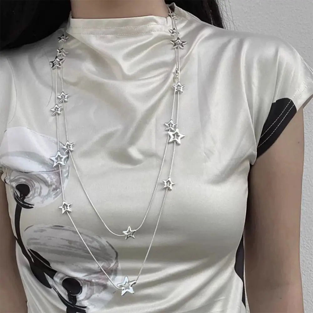 نجمة خماسية سلسلة طويلة قلادة بسيطة معدنية الخماسية سترة الصلب سلسلة مجوهرات للنساء الفتيات #4