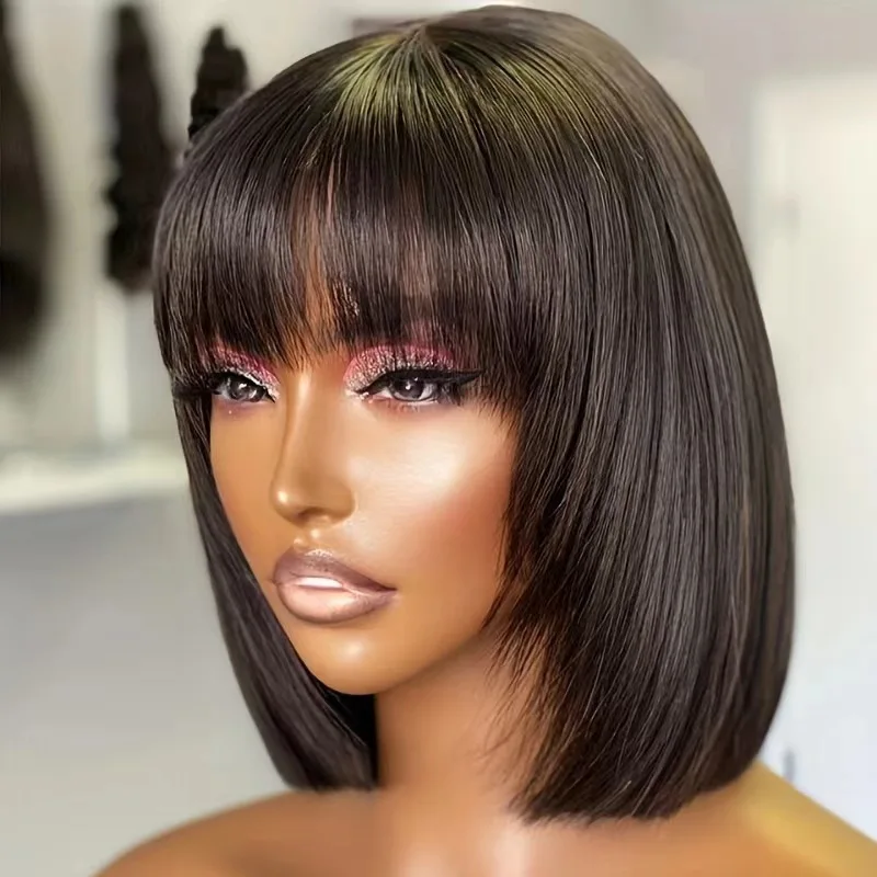 

Short Bob Wig for Women with Bangs and Inner Clip, Synthetic Hair Wig