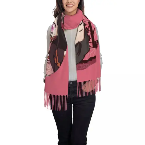 Imagen 2 del producto Bufanda personalizada Kimetsu No Yaiba Nezuko con borlas para mujer, chal de Manga de Anime con capas de demonios suaves, bufandas para invierno y otoño
