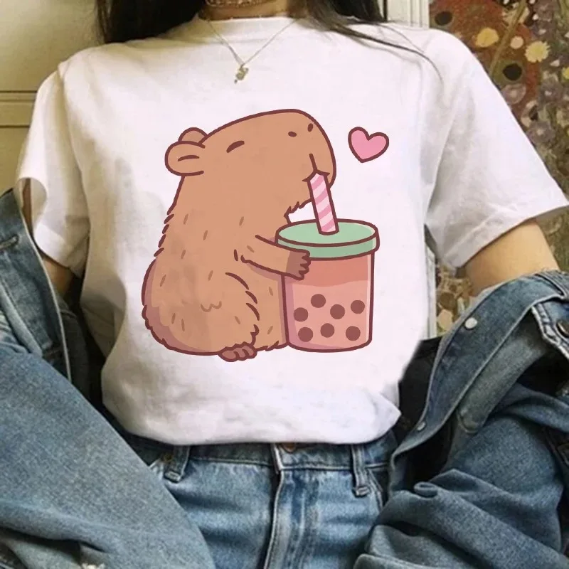 

New Funny Capybara T Shirt Woman Capybara Drinks Boba Kawaii T-shirt Top Women Y2k Fashion Cartoon Short Sleeve Tee Summer Tops