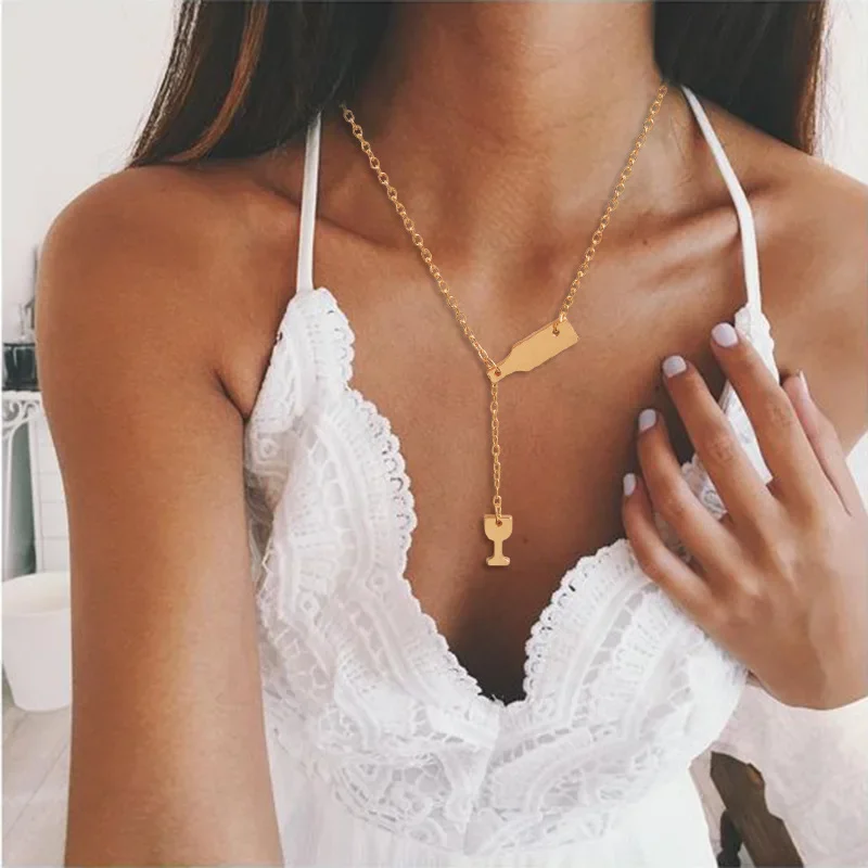 2024 New Beer Cup Long Pendant Necklace For Women Wine Bottle Gold Color Triangle Statement Party Fashion Jewelry