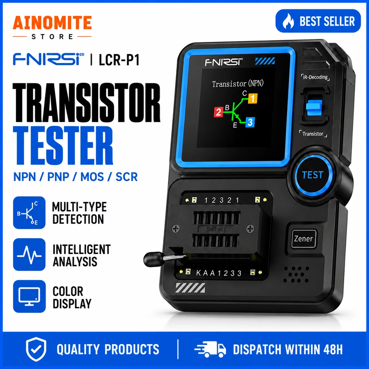 FNIRSI LCR-P1 Transistor Tester, LCR Meter, Capacitor Tester, Auto Test MOSFET/PNP/NPN, Diode/Zener, R/L/C & ESR Meter