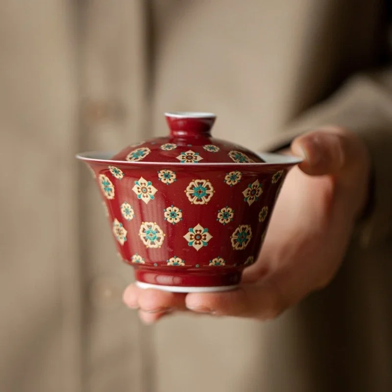 110ML Lang Hong Pipa Pattern Cover Bowl Pure Handmade Ceramic Tea Bowl Not Hot Teacup Retro Guochao Kung Fu TeaSet Master Cup