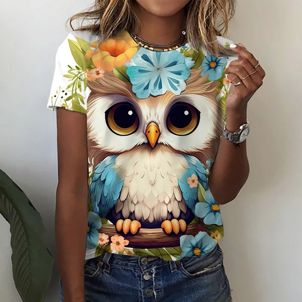 2024 Women's Cute Animal 3D Owl Pattern Printed T-shirt Fashion Short Sleeve Top Street Wear Oversized Women's Clothing Summer