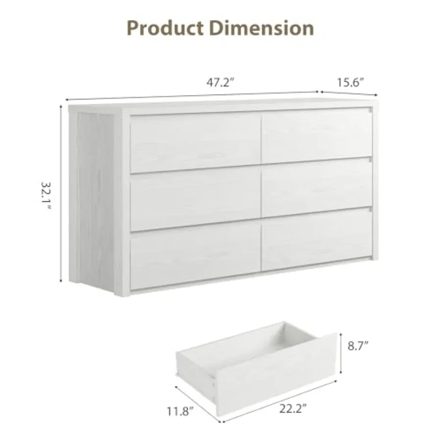 6 Drawer Dresser for Bedroom, Wood Chest of Drawers Handle Free