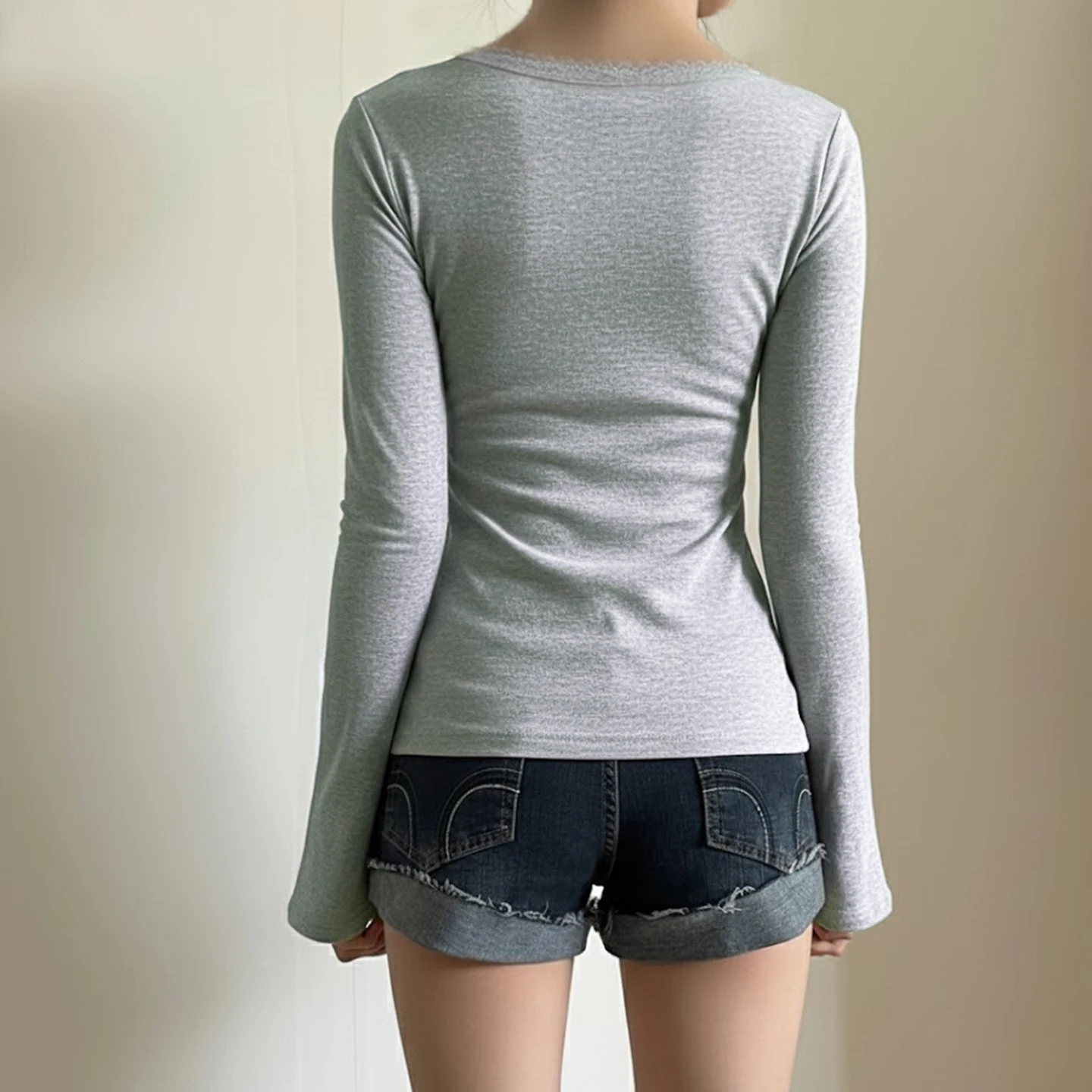 SUCHCUTE Frauen Solide Spitze Trim Patchwork Taste Ausgestellte Ärmel Hemd Casual V-ausschnitt Stricken Top Y2k Ästhetischen Herbst Kleidung Fairycore – Detail 15