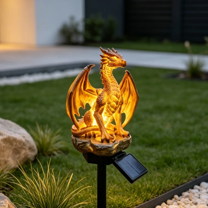 Dragon Garden Statue Resin Yard Stake Figure with Light Panel and Soft Body Light for Lawn Entry Border Area Display 87HA