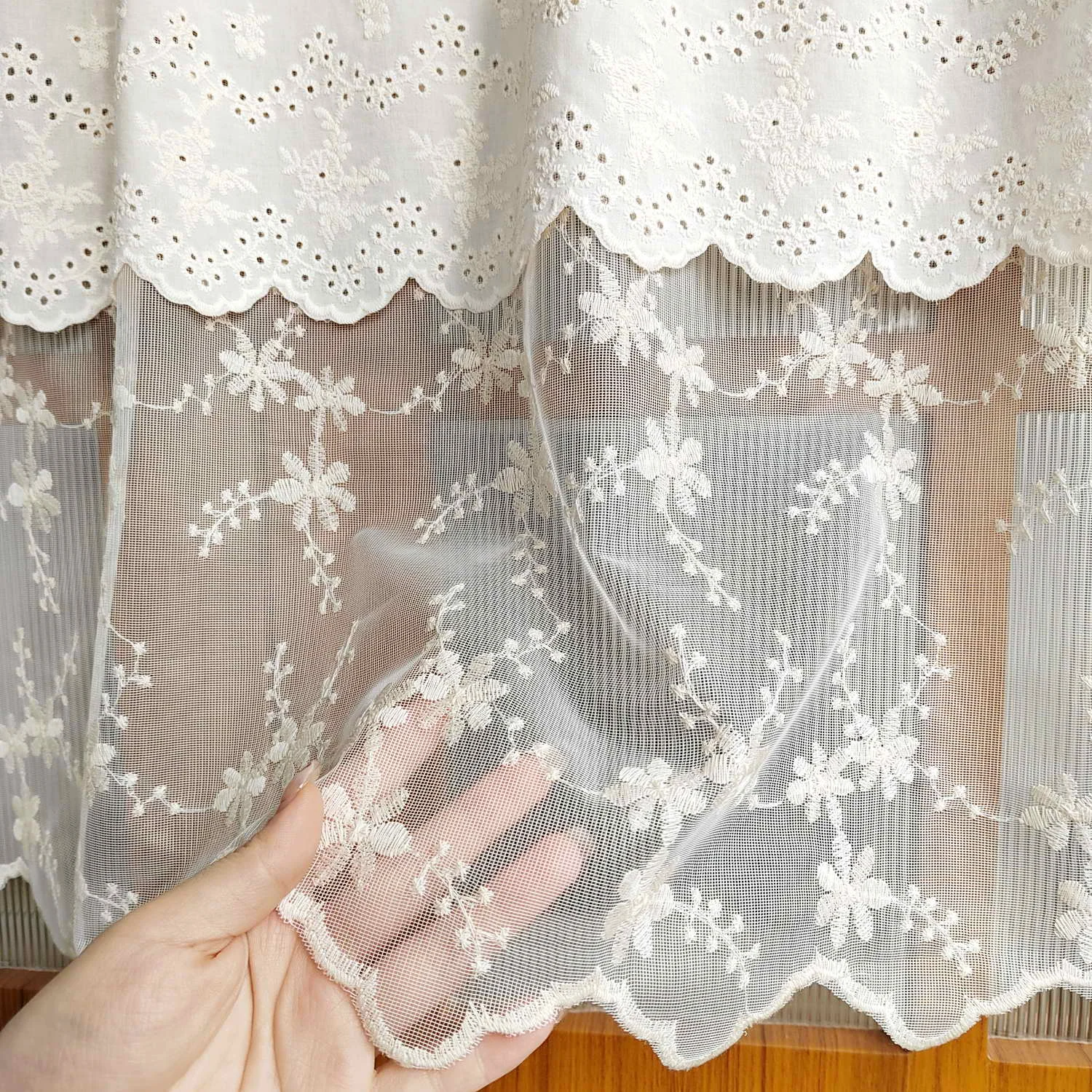 Exquisite Cherry Lace Tulle Short Curtain Valance Double Layer Floral Voile Roman Curtain for Kitchen Cafe Study Home Decor