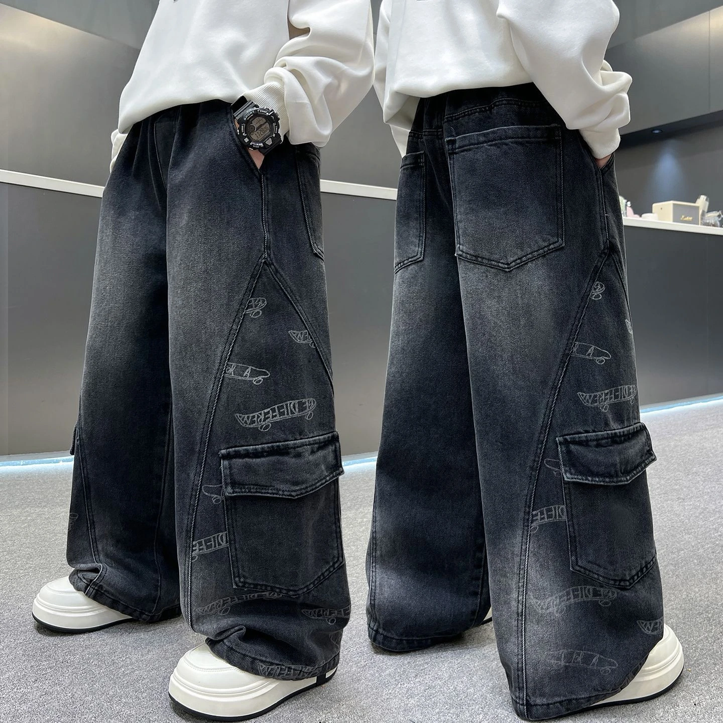 High Quality Kids Heavy Work Baggy Cargo Jeans for Teens Boy Loose Fit Pocket Denim Pants Tweens Child Fashion Jeans Trousers