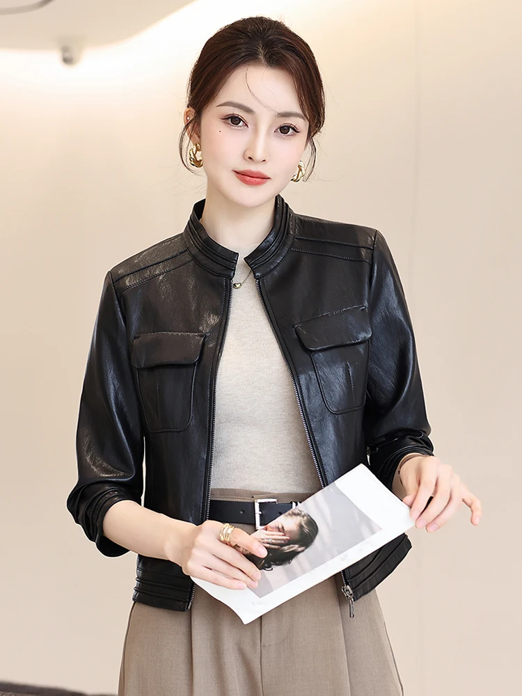   Ning Veste en cuir véritable pour femme, style motard, en peau de mouton, coupe ajustée, nouvelle collection printemps-automne