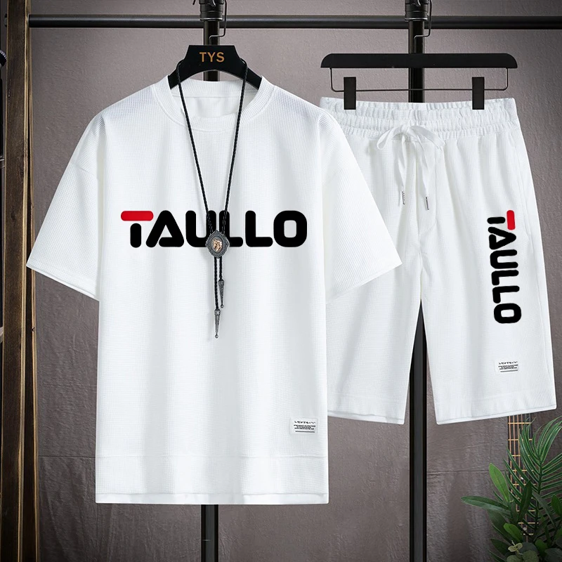 2025 Brand Men's Sports and Leisure Loose Waffle Short Sleeve Set Summer T-shirt+Shorts Korean Handsome Couple's Wear European S