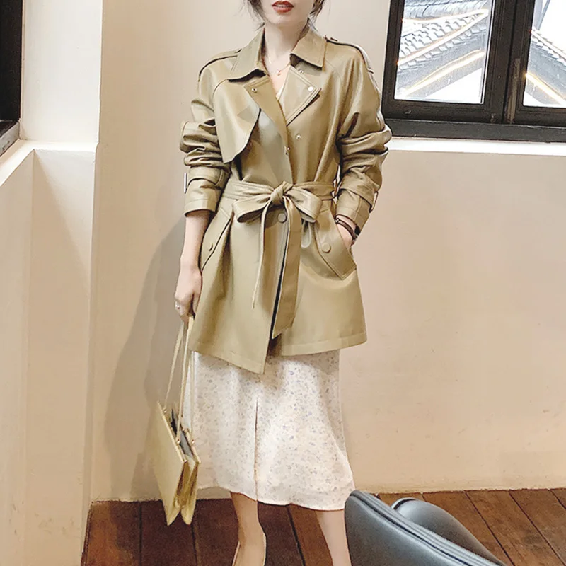 Women's Genuine Sheepskin Leather Jacket Belt Solid Leather Coats Splicing Mid-Length Trench Coat Windproof 2022 Autumn AEL4062