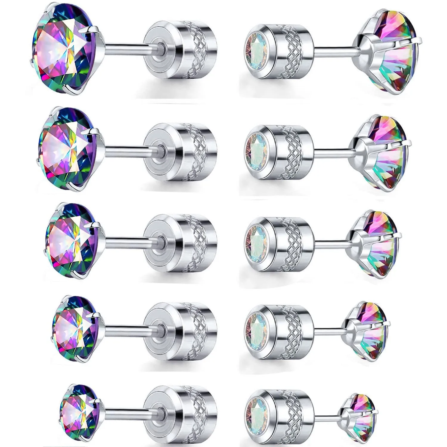 

5 pair High Quality Stainless Steel Stud Earrings Four-claw Setting 2-6mm Colorful Cubic Zircon Diamond Studs for Men and Women