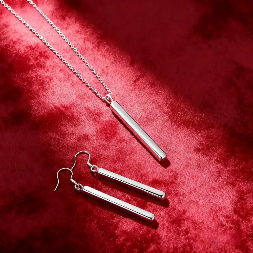 New luxury 925 Sterling Silver creative cuboid pendant necklace earring for women fashion jewelry sets Gift boutique accessories