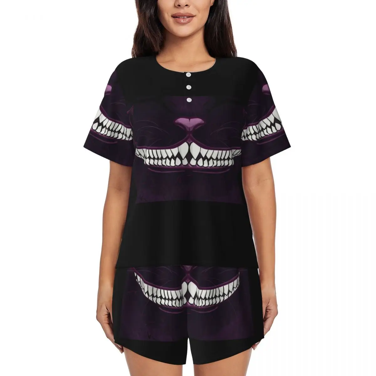 

Custom Funny Cheshire Cat Pajamas Set Women's 2 Piece Short Sleeve Anime Manga Sleepwear Loungewear PJ Shorts Sets