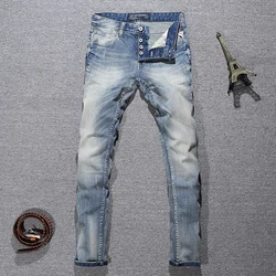 Italian Style Fashion Men Jeans Retro Light Blue Elastic Slim Fit Ripped Jeans Men Buttons Trousers Vintage Designer Denim Pants