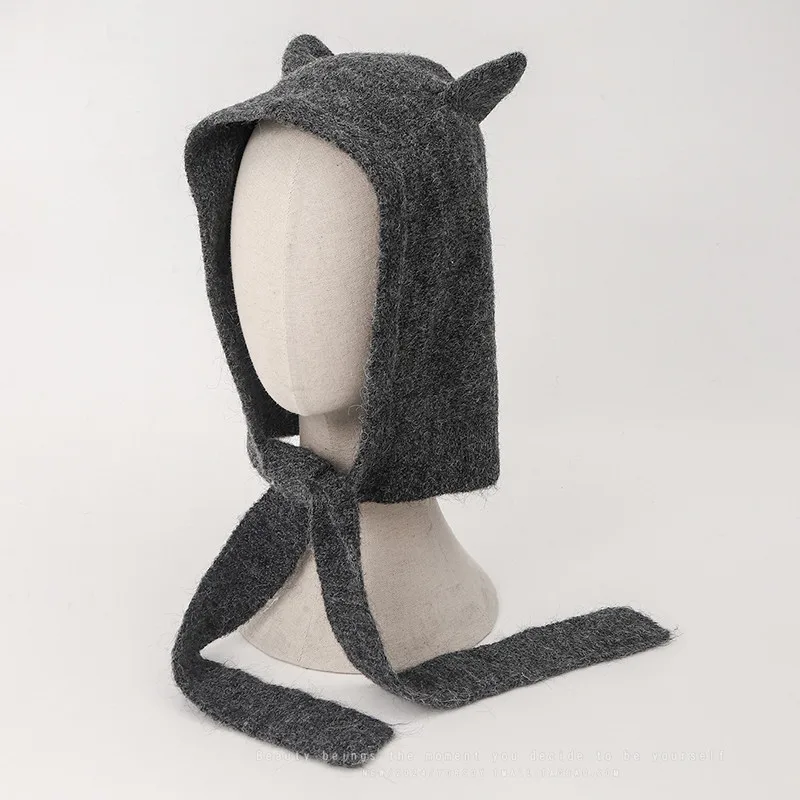 Little Devil Strap Bag Head Balaclava Hat Women's Winter Retro Cat Ears Knitted Wool Hat Bomber Hat