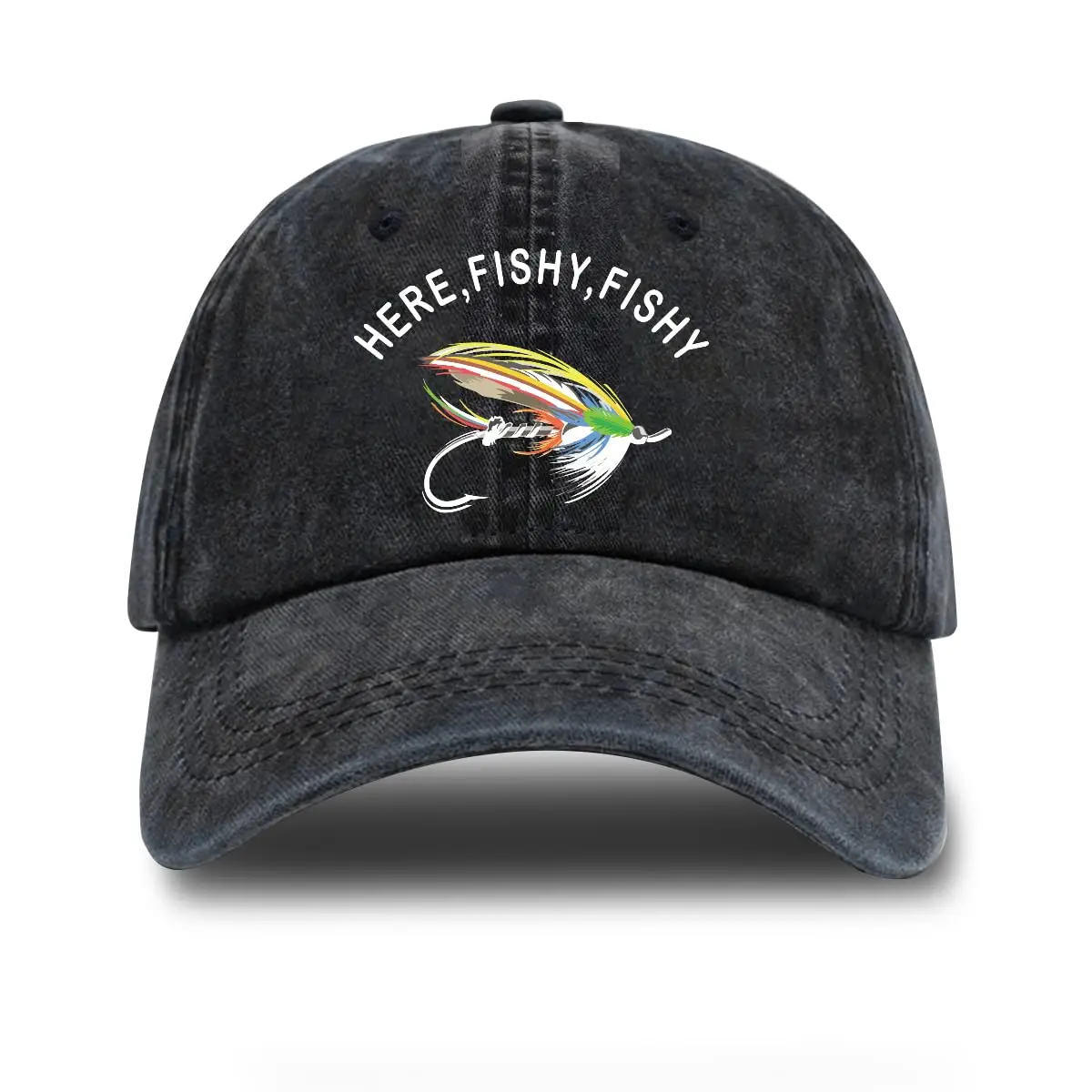 Here Fishy Adjustable Vintage Washed Cotton Baseball Cap Funny Retro Trucker Hat for Men Grandpa Dad Fishing Lover