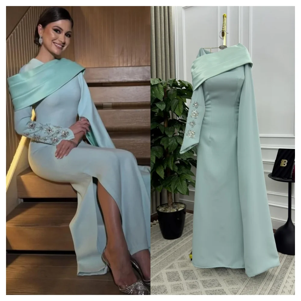 

Customized Formal Green Jersey Evening Dress Fashion Boat Neck Off the Shoulder Long Sleeves Party Dress Fashion Celebrity Gowns