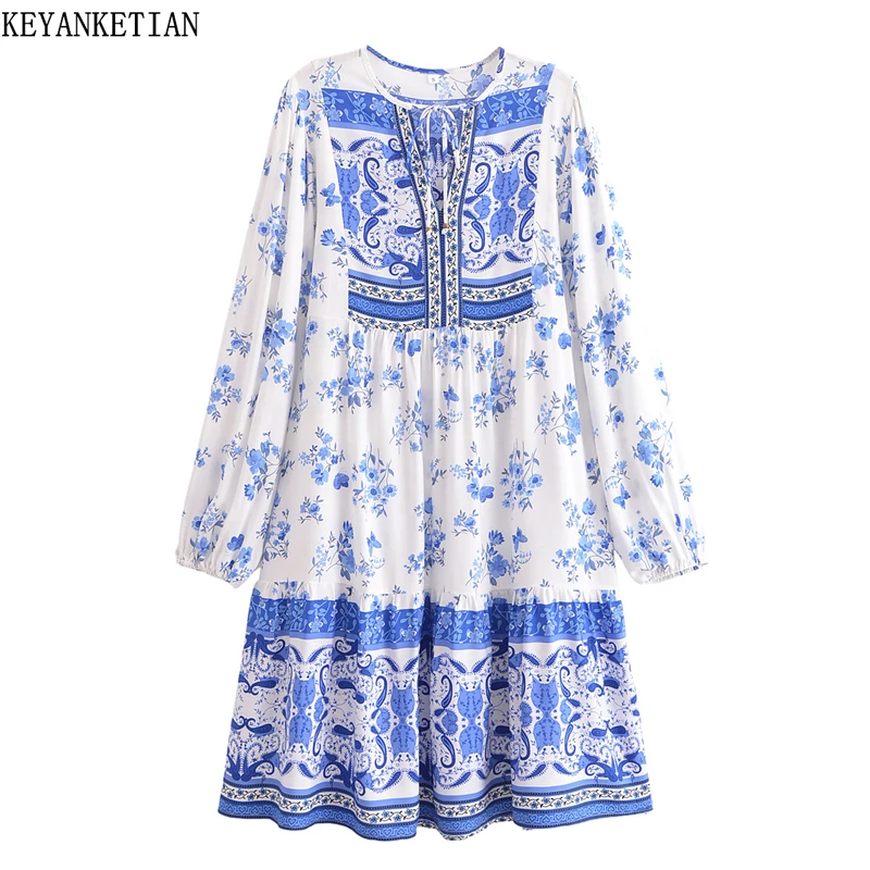 KEYANKETIAN Summer New Women's Vacation Style Lace up Positioning Printed Lantern Sleeves Loose Dress A-line Beach Skirt