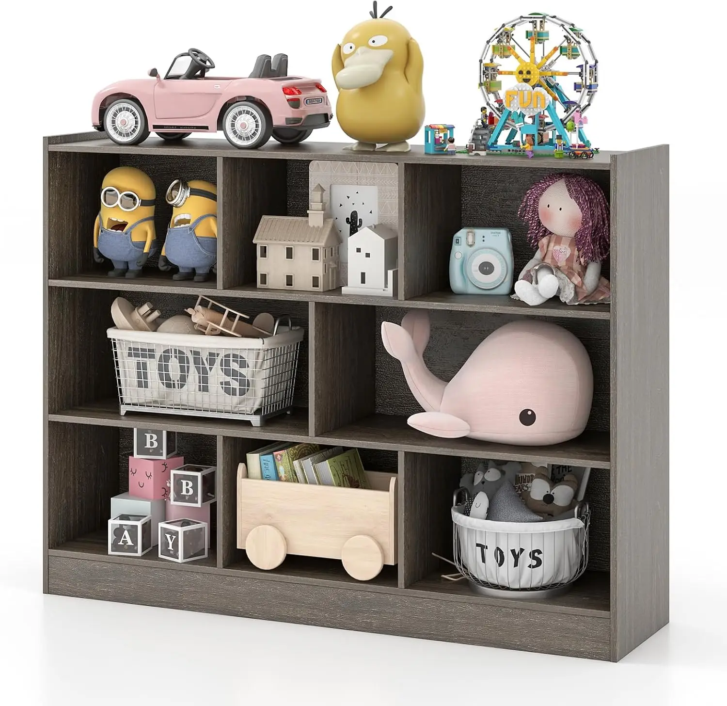 3-Tier Kids Bookshelf, Wooden Toy Organizer, Gray, Small Book Shelf for Bedroom, Playroom, Classroom, Nursery