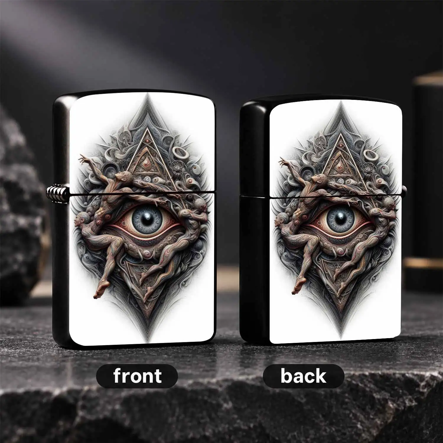 Dark Surreal All-Seeing Eye Art Lighter, Exquisite Rhombus Pattern Human Figure Creative Print, Portable Igniter for Daily Commute Outdoor Use, Unique Gifting Collectible Decorative Practical Carry Accessory A Humorous And Interesting Ligh