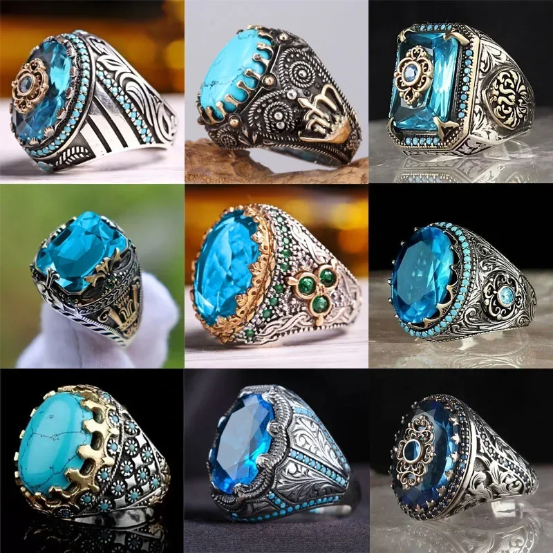 men's retro ring personality blue emerald sea jewelry