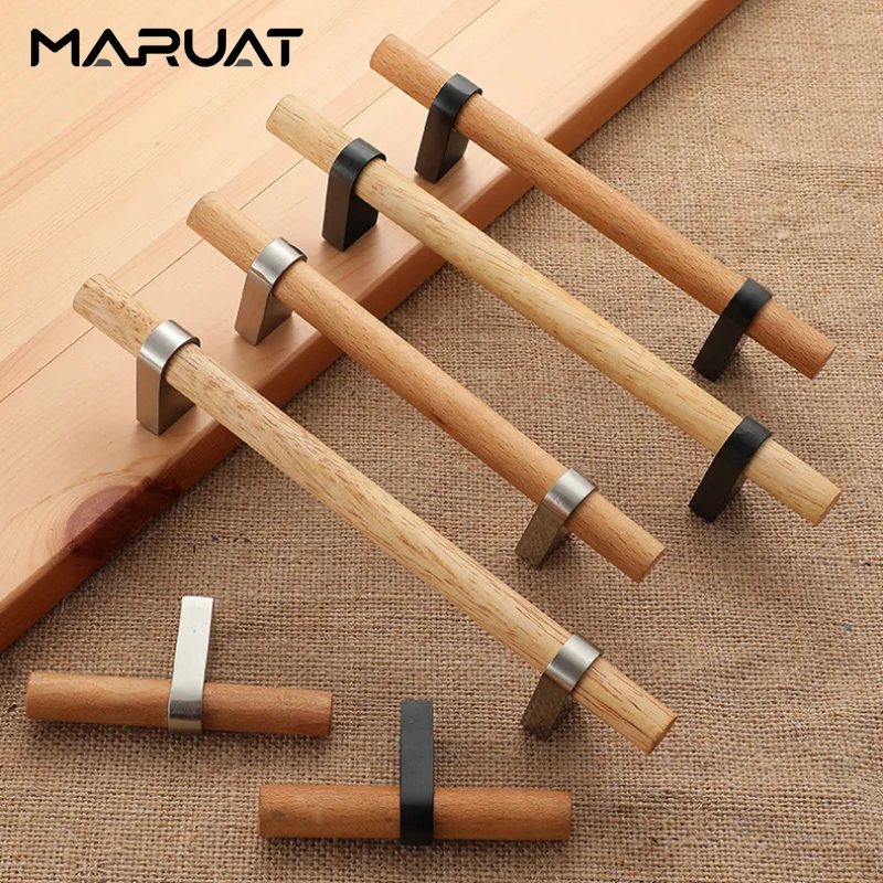 Nordic Wooden Cabinet Door Handles T Bar Handles for Cabinets and Drawers Silver Kitchen Cabinet Handles Black Furniture Handles