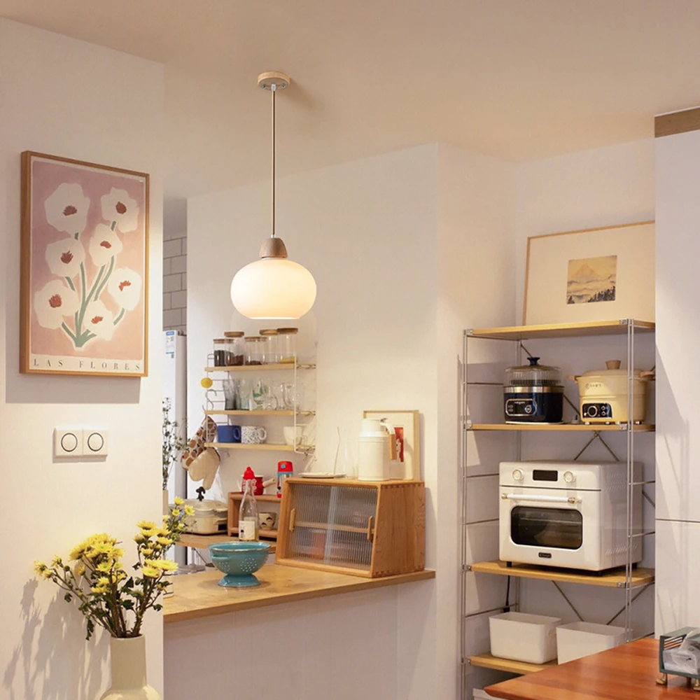 ضوء قلادة بارتفاع قابل للتعديل مع غطاء زجاجي وقاعدة خشبية، مصباح معلق ياباني ثلاثي الألوان قابل للتعتيم لجزيرة المطبخ