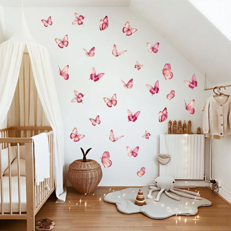 Multiple Lifelike Pink Butterfly Vinyl Wall Stickers Self Adhesive Glass Decals for Living Room Bedroom Corridor Home Decoration