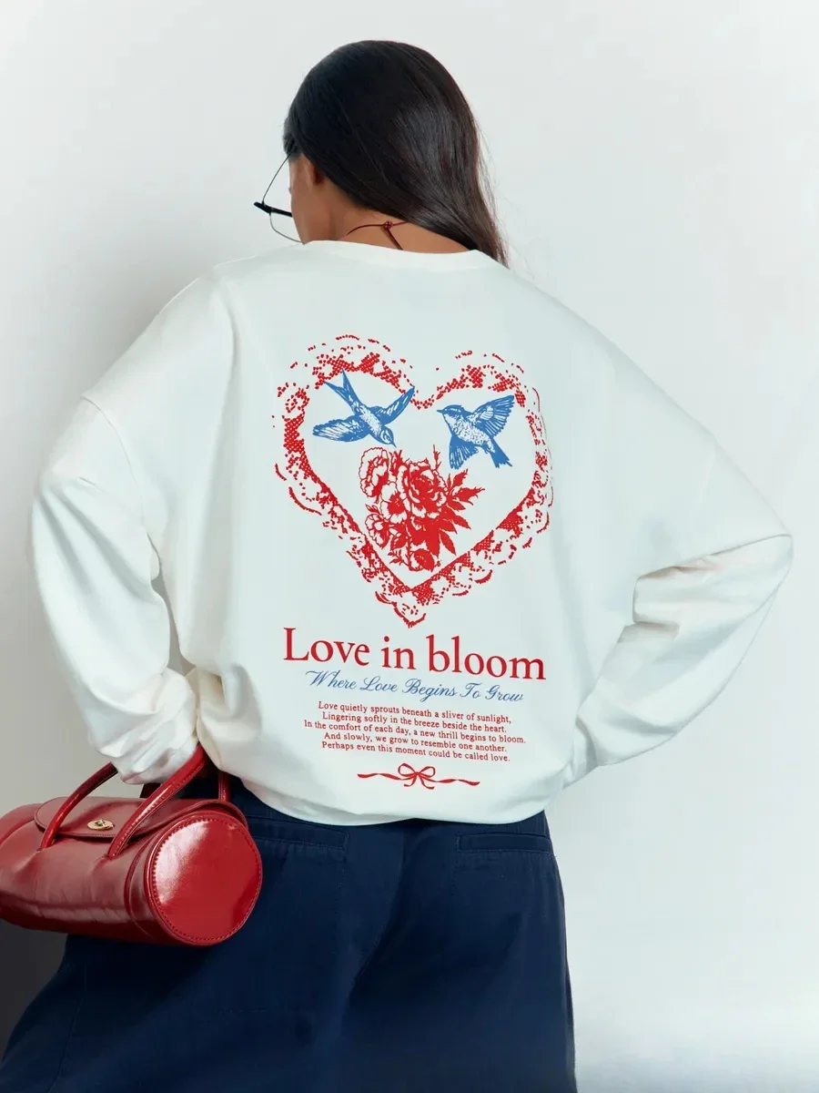 Autumn Women Long Sleeve T Shirt 100% Cotton Retro Heart Shape Swallow Floral Letter Print Loose Fit Chic Fall Basic Top