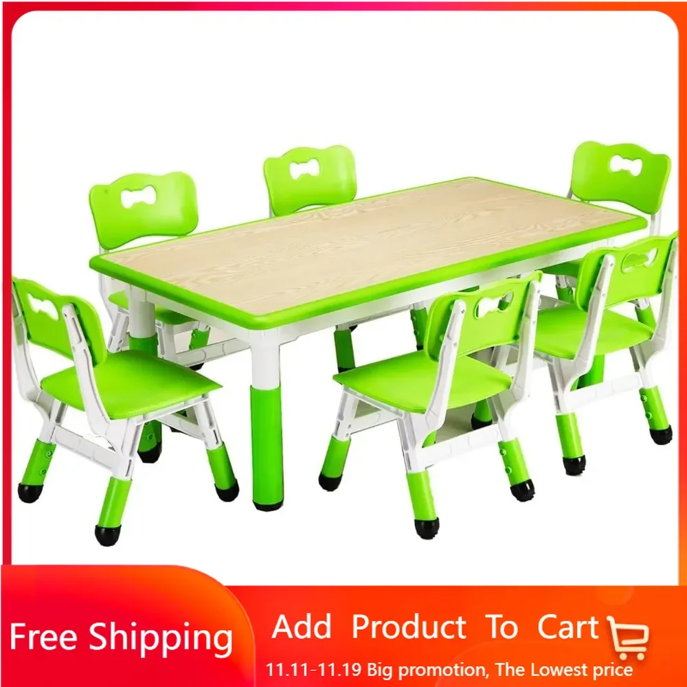 

Kids Table and Chairs Set, Height Adjustable Desk With 6 Seats for Ages 2-10,Arts & Crafts Table,Graffiti Desktop