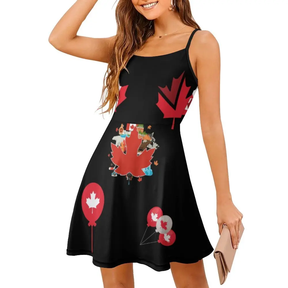 Sexy  Woman's Gown Strappy Dress Canada Maple Leaf Flag Emblem Pack, I Love Canada Funny Women's Sling Dress Premium Cocktails H