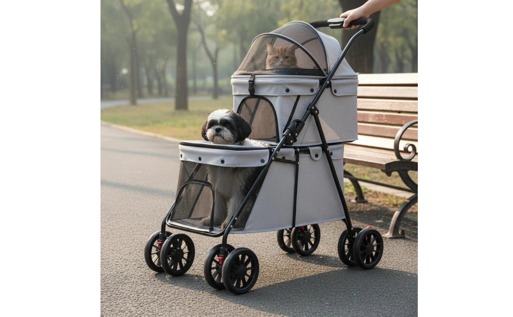 Double Layer Dog Feline Stroller Easy to Fold Double Deck Pet Stroller Large Space for Outdoor