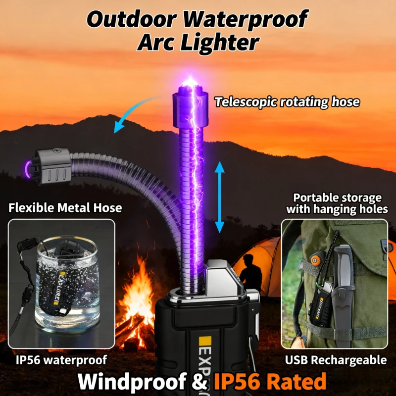 New Type-C Plasma Arc Lighter - Waterproof Windproof, Shock-Resistant, Rechargeable Flameless for Outdoor Camping & Smoking