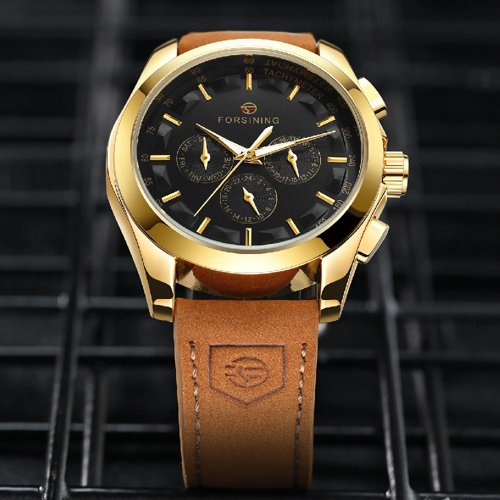 FORSINING Sports Automatic Mechanical Men Wrist Watch Luminous Analog Auto Day Date 24h Suede Leather Strap Business Male Clock